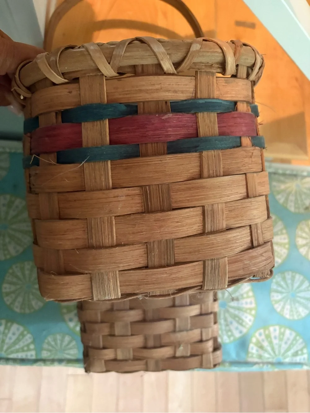 Handwoven Tan Basket 🧺 with Red & Green Trim